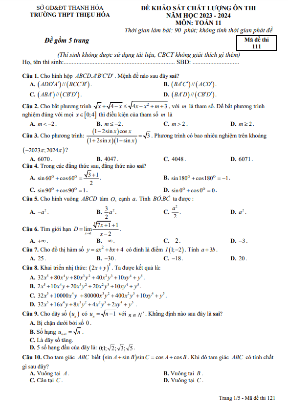 Đề khảo sát lần 1 Toán 11 năm 2023 – 2024 trường THPT Thiệu Hóa – Thanh Hóa