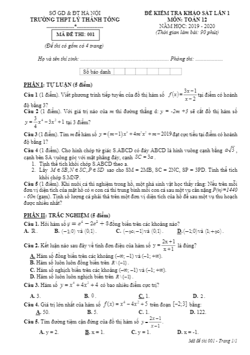 Đề khảo sát lần 1 Toán 12 năm 2019 – 2020 trường Lý Thánh Tông – Hà Nội