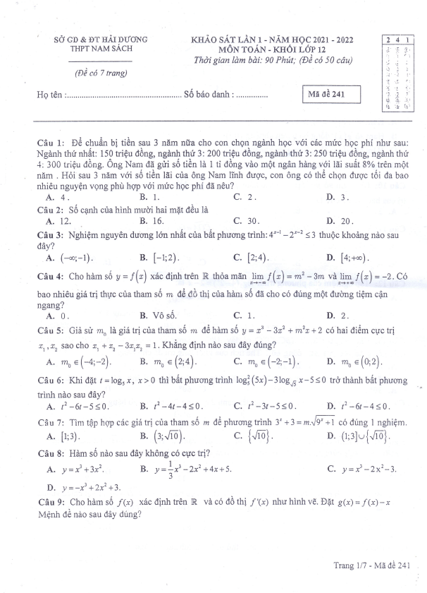 Đề khảo sát lần 1 Toán 12 năm 2021 – 2022 trường THPT Nam Sách – Hải Dương