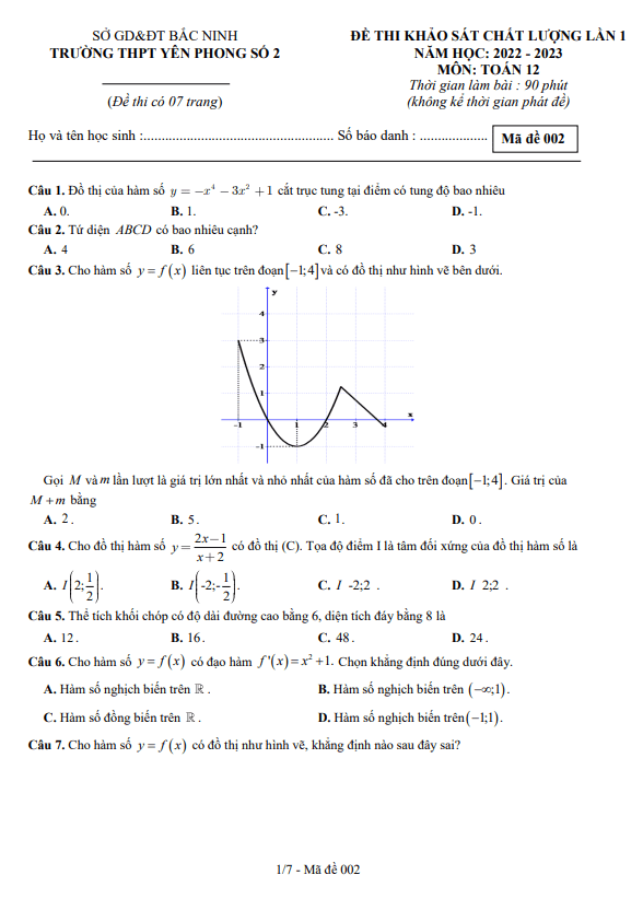 Đề khảo sát lần 1 Toán 12 năm 2022 – 2023 trường THPT Yên Phong 2 – Bắc Ninh