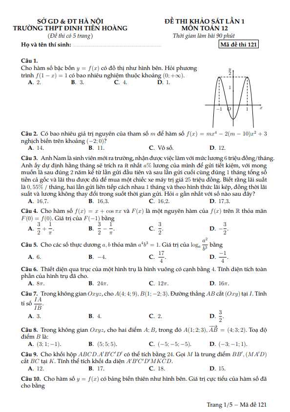 Đề khảo sát lần 1 Toán 12 năm 2023 – 2024 trường THPT Đinh Tiên Hoàng – Hà Nội