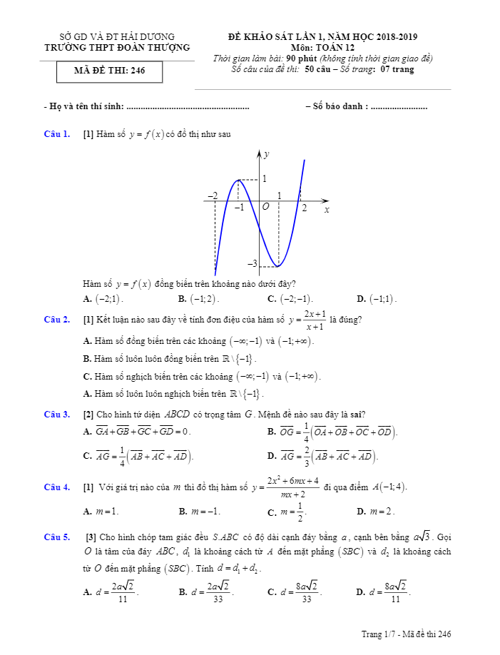Đề khảo sát lần 1 Toán 12 năm học 2018 – 2019 trường THPT Đoàn Thượng – Hải Dương