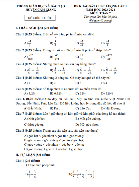 Đề khảo sát lần 1 Toán 7 năm 2023 – 2024 phòng GD&ĐT Cẩm Giàng – Hải Dương