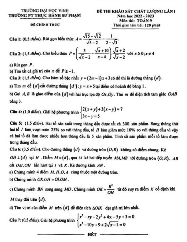 Đề khảo sát lần 1 Toán 9 năm 2022 – 2023 trường PT Thực hành Sư phạm – Nghệ An