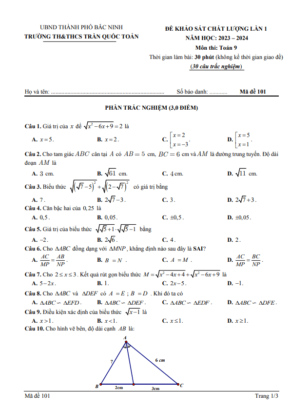 Đề khảo sát lần 1 Toán 9 năm 2023 – 2024 trường Trần Quốc Toản – Bắc Ninh