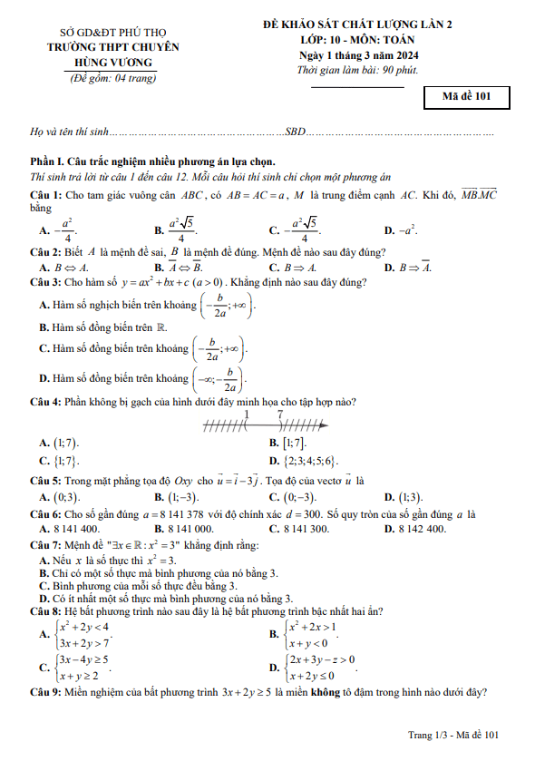 Đề khảo sát lần 2 Toán 10 năm 2023 – 2024 trường THPT chuyên Hùng Vương – Phú Thọ