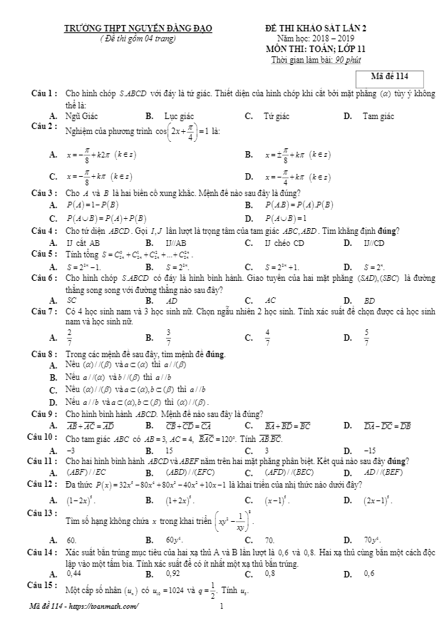 Đề khảo sát lần 2 Toán 11 năm 2018 – 2019 trường Nguyễn Đăng Đạo – Bắc Ninh