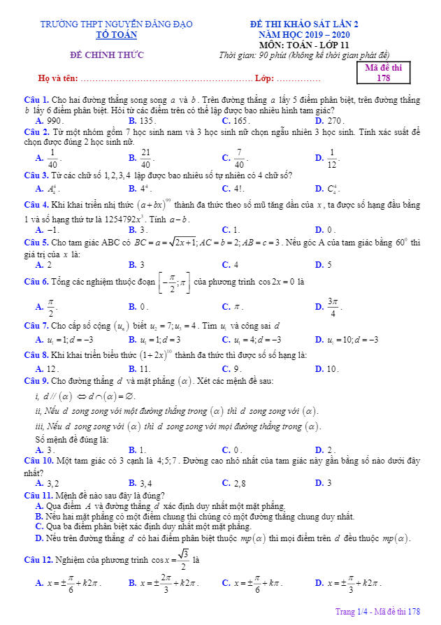 Đề khảo sát lần 2 Toán 11 năm 2019 – 2020 trường Nguyễn Đăng Đạo – Bắc Ninh