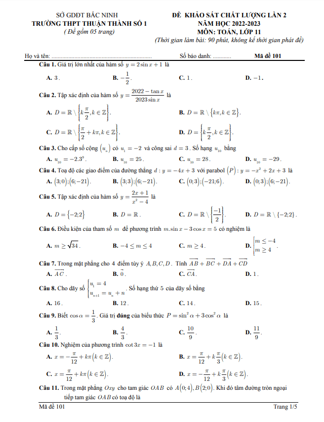 Đề khảo sát lần 2 Toán 11 năm 2022 – 2023 trường THPT Thuận Thành 1 – Bắc Ninh