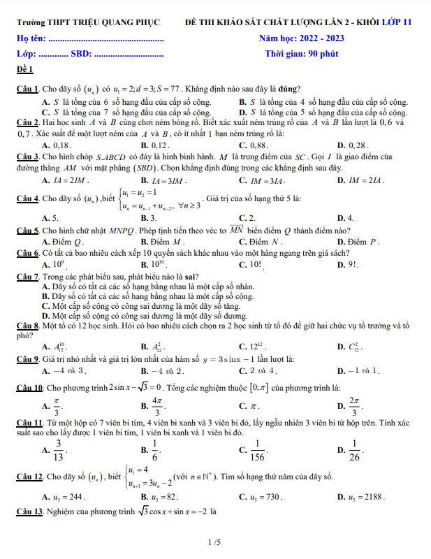 Đề khảo sát lần 2 Toán 11 năm 2022 – 2023 trường THPT Triệu Quang Phục – Hưng Yên