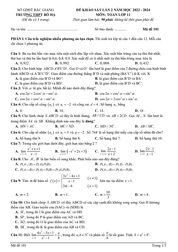 Đề khảo sát lần 2 Toán 11 năm 2023 – 2024 trường THPT Bố Hạ – Bắc Giang