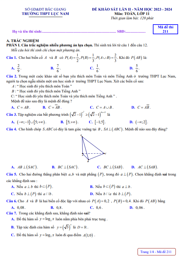 Đề khảo sát lần 2 Toán 11 năm 2023 – 2024 trường THPT Lục Nam – Bắc Giang