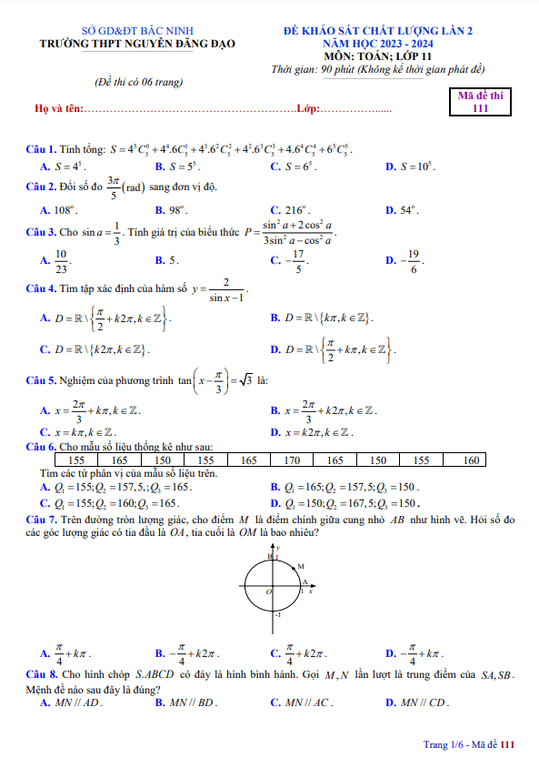 Đề khảo sát lần 2 Toán 11 năm 2023 – 2024 trường THPT Nguyễn Đăng Đạo – Bắc Ninh