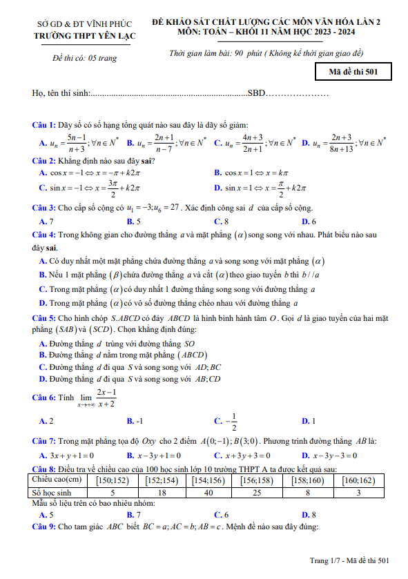 Đề khảo sát lần 2 Toán 11 năm 2023 – 2024 trường THPT Yên Lạc – Vĩnh Phúc