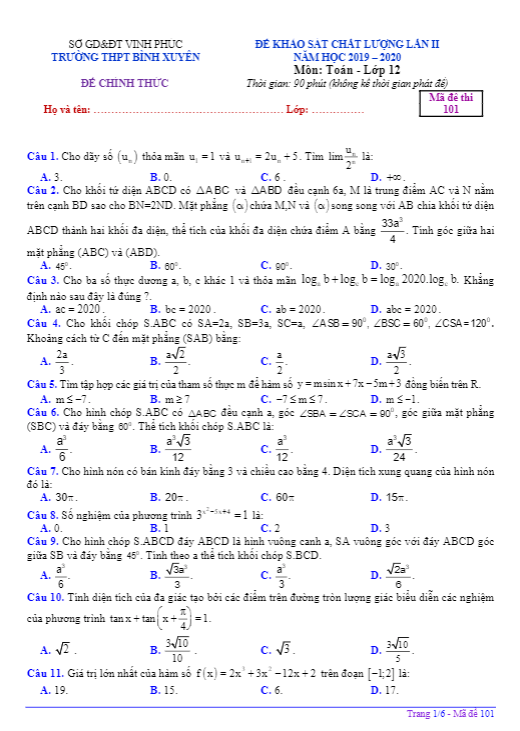 Đề khảo sát lần 2 Toán 12 năm 2019 – 2020 trường Bình Xuyên – Vĩnh Phúc