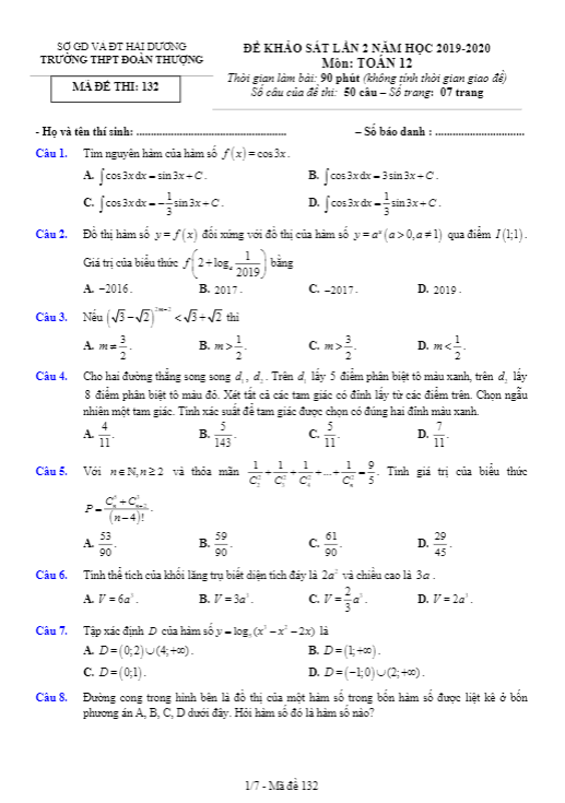 Đề khảo sát lần 2 Toán 12 năm 2019 – 2020 trường Đoàn Thượng – Hải Dương
