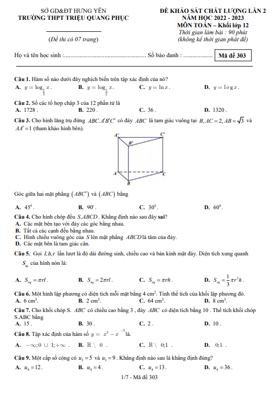 Đề khảo sát lần 2 Toán 12 năm 2022 – 2023 trường THPT Triệu Quang Phục – Hưng Yên