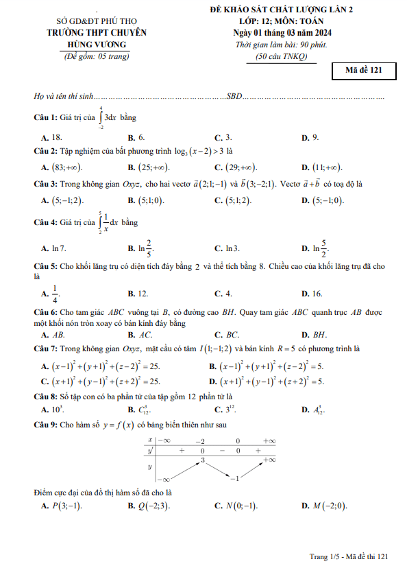 Đề khảo sát lần 2 Toán 12 năm 2023 – 2024 trường THPT chuyên Hùng Vương – Phú Thọ