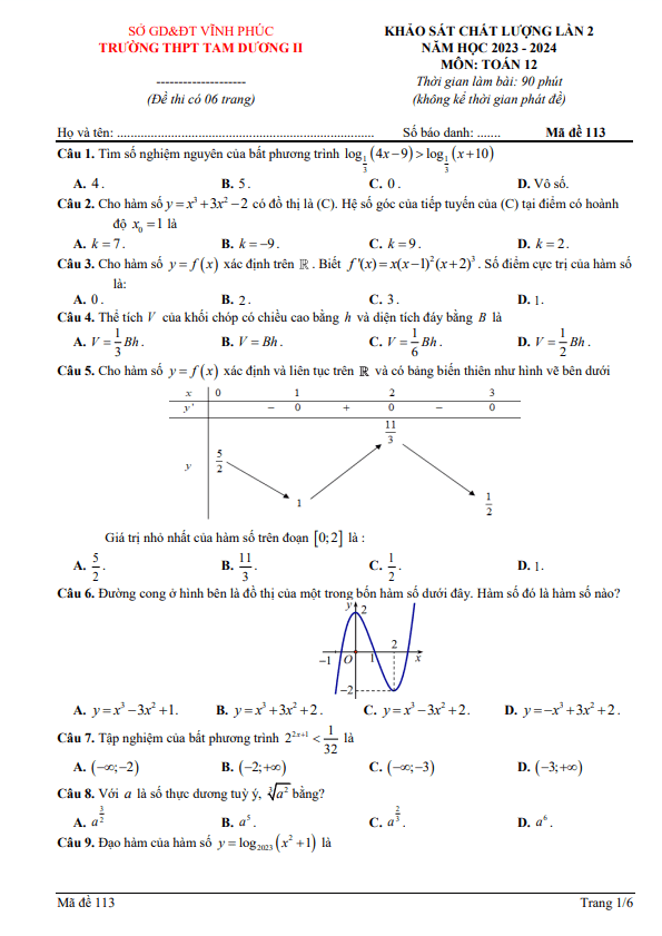 Đề khảo sát lần 2 Toán 12 năm 2023 – 2024 trường THPT Tam Dương 2 – Vĩnh Phúc