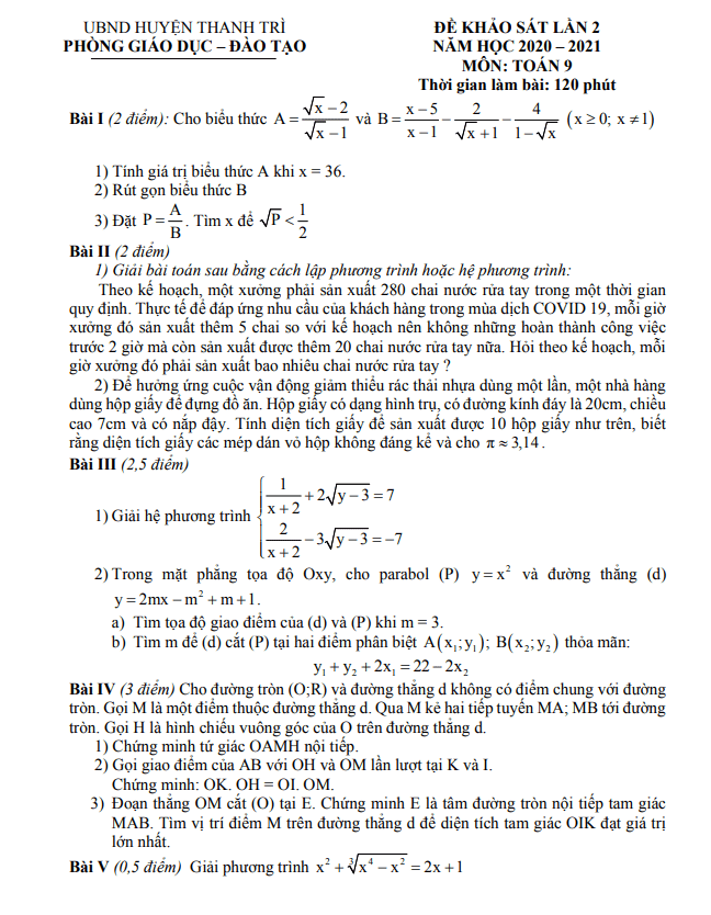 Đề khảo sát lần 2 Toán 9 năm 2020 – 2021 phòng GD&ĐT Thanh Trì – Hà Nội