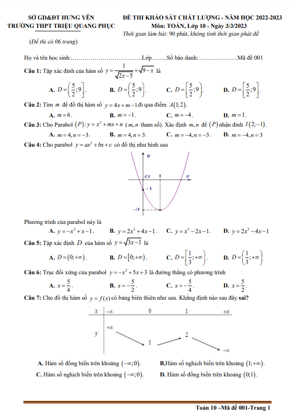 Đề khảo sát lần 3 Toán 10 năm 2022 – 2023 trường THPT Triệu Quang Phục – Hưng Yên