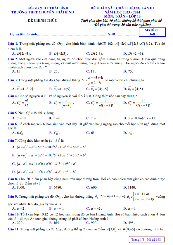 Đề khảo sát lần 3 Toán 10 năm 2023 – 2024 trường THPT chuyên Thái Bình