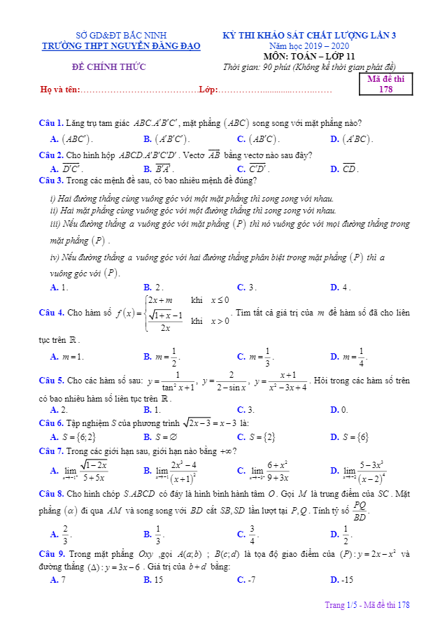 Đề khảo sát lần 3 Toán 11 năm 2019 – 2020 trường Nguyễn Đăng Đạo – Bắc Ninh