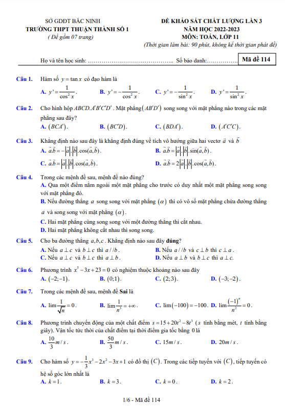 Đề khảo sát lần 3 Toán 11 năm 2022 – 2023 trường THPT Thuận Thành 1 – Bắc Ninh