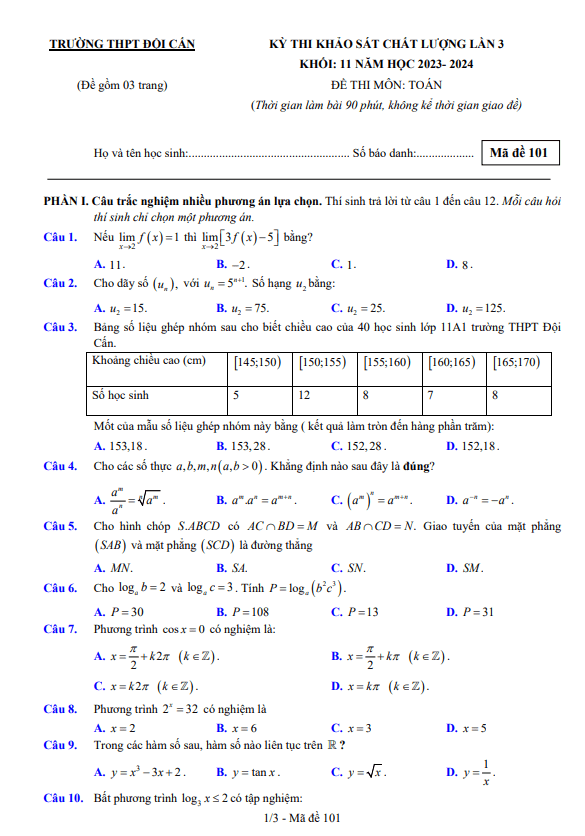 Đề khảo sát lần 3 Toán 11 năm 2023 – 2024 trường THPT Đội Cấn – Vĩnh Phúc