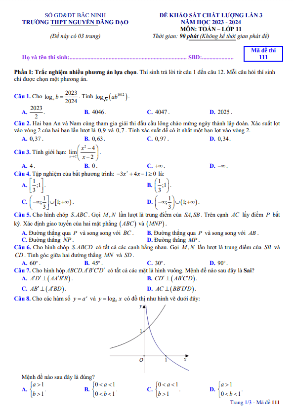 Đề khảo sát lần 3 Toán 11 năm 2023 – 2024 trường THPT Nguyễn Đăng Đạo – Bắc Ninh