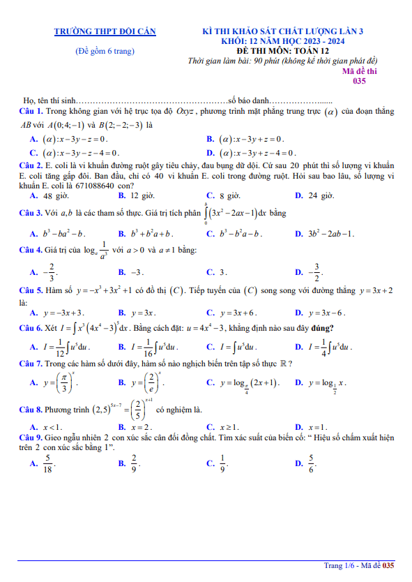 Đề khảo sát lần 3 Toán 12 năm 2023 – 2024 trường THPT Đội Cấn – Vĩnh Phúc