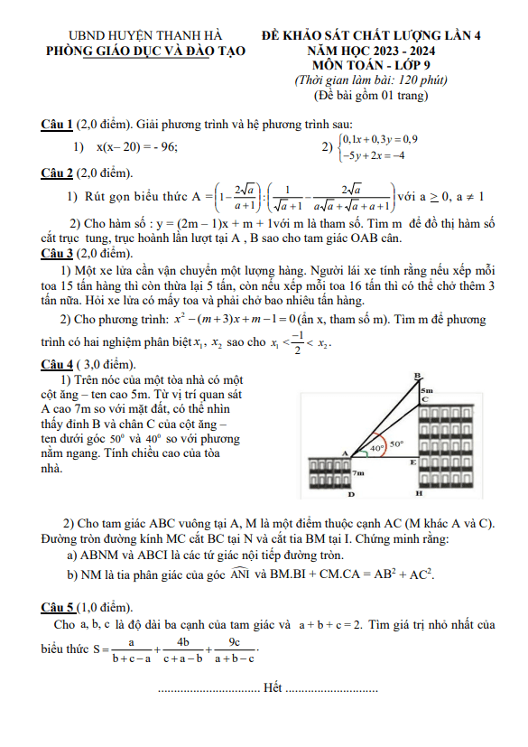 Đề khảo sát lần 4 Toán 9 năm 2023 – 2024 phòng GD&ĐT Thanh Hà – Hải Dương