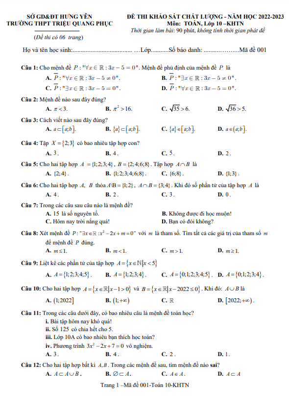 Đề khảo sát môn Toán 10 năm 2022 – 2023 trường THPT Triệu Quang Phục – Hưng Yên