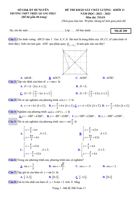 Đề khảo sát môn Toán 11 năm 2022 – 2023 trường THPT Triệu Quang Phục – Hưng Yên