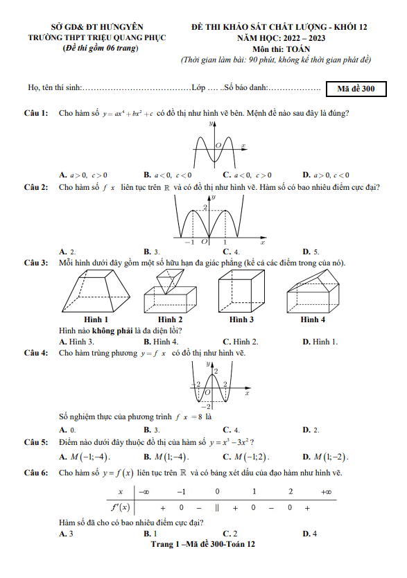 Đề khảo sát môn Toán 12 năm 2022 – 2023 trường THPT Triệu Quang Phục – Hưng Yên