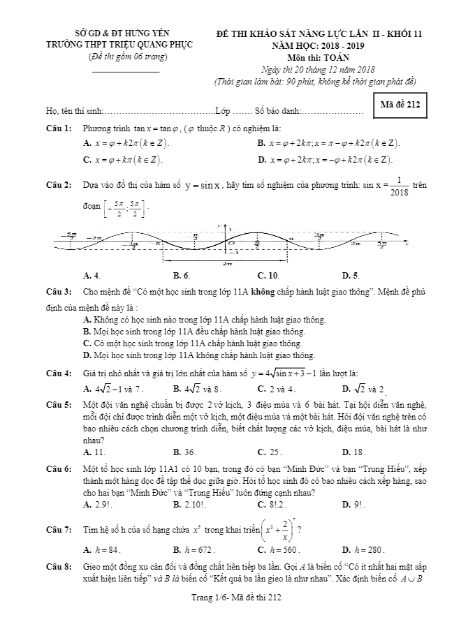 Đề khảo sát năng lực Toán 11 năm 2018 – 2019 trường Triệu Quang Phục – Hưng Yên lần 2
