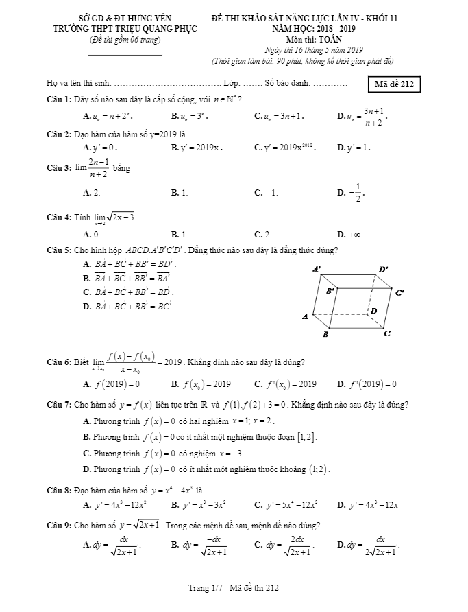 Đề khảo sát năng lực Toán 11 năm 2018 – 2019 trường Triệu Quang Phục – Hưng Yên lần 4