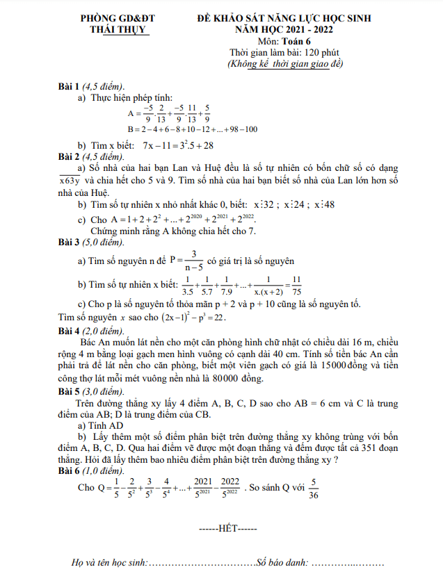 Đề khảo sát năng lực Toán 6 năm 2021 – 2022 phòng GD&ĐT Thái Thụy – Thái Bình