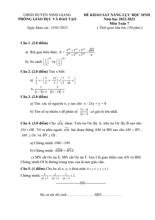 Đề khảo sát năng lực Toán 7 năm 2022 – 2023 phòng GD&ĐT Ninh Giang – Hải Dương