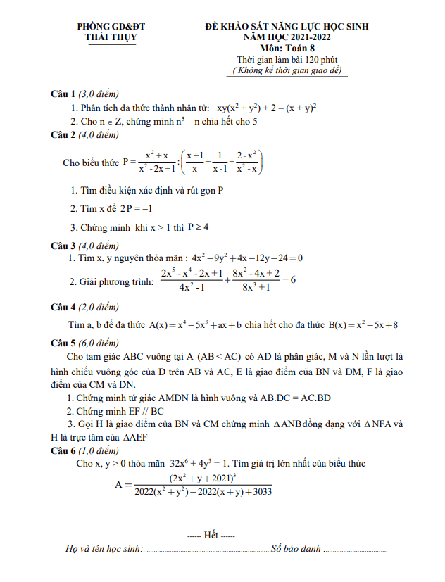 Đề khảo sát năng lực Toán 8 năm 2021 – 2022 phòng GD&ĐT Thái Thụy – Thái Bình