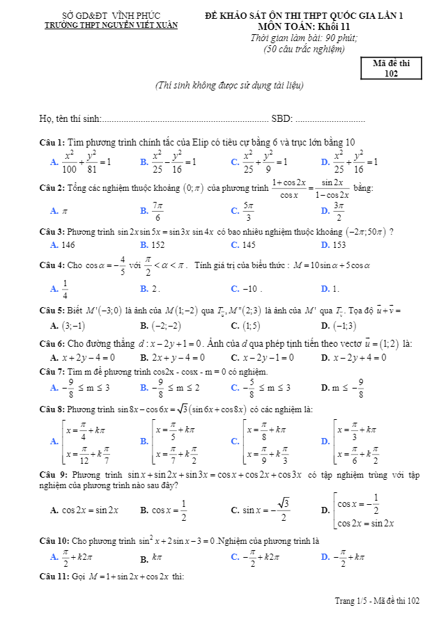 Đề khảo sát ôn thi THPT Quốc gia Toán 11 trường THPT Nguyễn Viết Xuân – Vĩnh Phúc lần 1