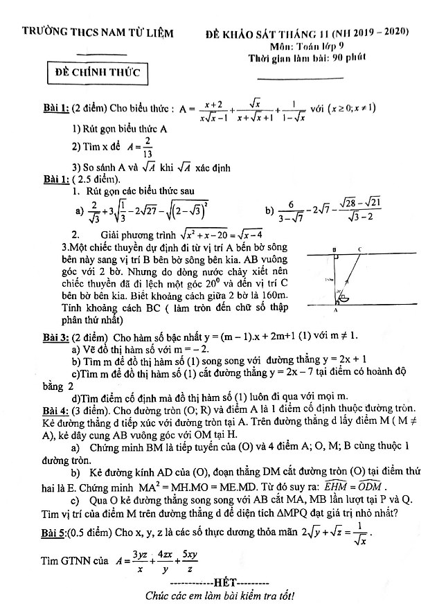 Đề khảo sát tháng 11 Toán 9 năm 2019 – 2020 trường Nam Từ Liêm – Hà Nội