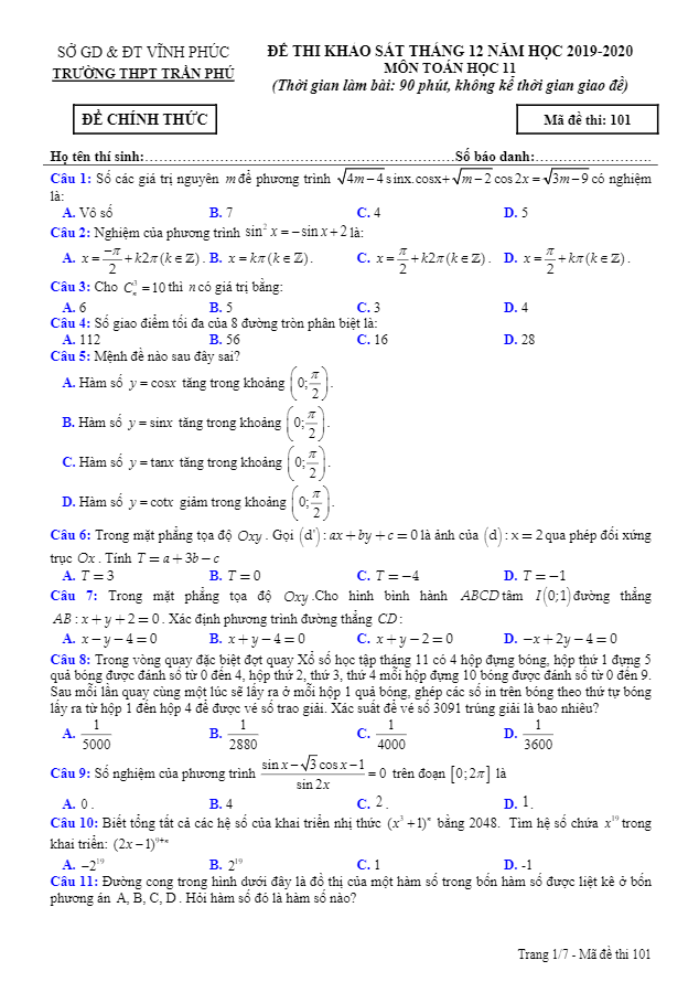 Đề khảo sát tháng 12/2019 môn Toán 11 trường THPT Trần Phú – Vĩnh Phúc