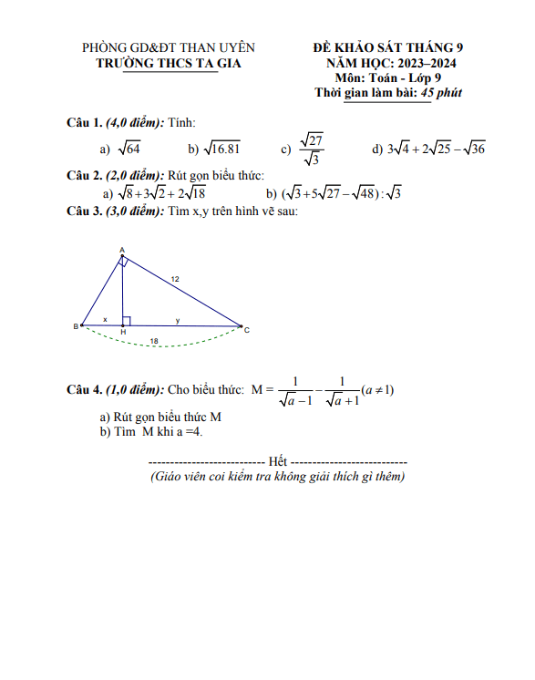 Đề khảo sát tháng 9 Toán 9 năm 2023 – 2024 trường THCS Xã Ta Gia – Lai Châu