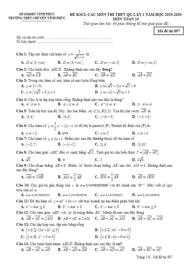 Đề khảo sát THPTQG lần 1 Toán 10 năm 2019 – 2020 trường chuyên Vĩnh Phúc