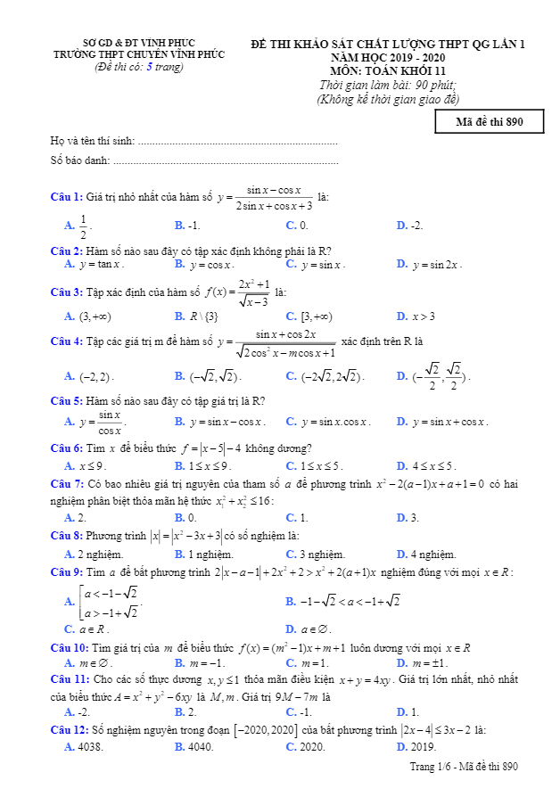 Đề khảo sát THPTQG lần 1 Toán 11 năm 2019 – 2020 trường chuyên Vĩnh Phúc