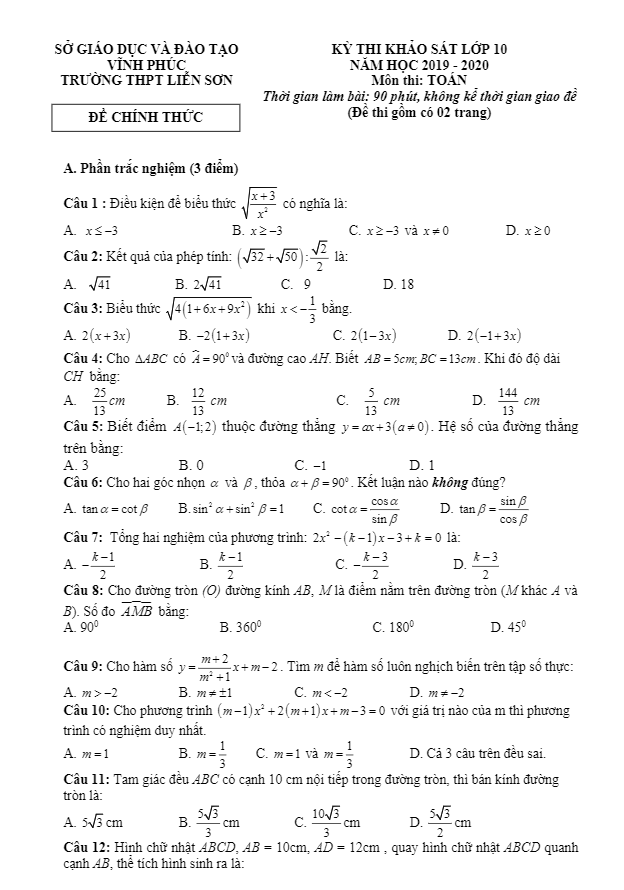Đề khảo sát Toán 10 chuẩn bị năm học 2019 – 2020 trường Liễn Sơn – Vĩnh Phúc