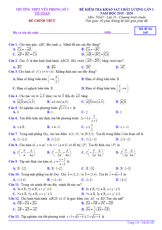Đề khảo sát Toán 10 lần 1 năm 2019 – 2020 trường Yên Phong 1 – Bắc Ninh