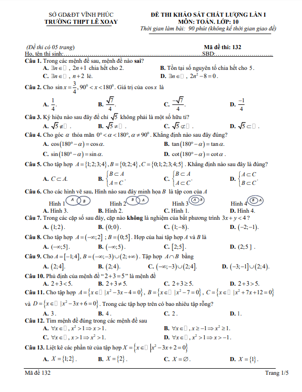 Đề khảo sát Toán 10 lần 1 năm 2022 – 2023 trường THPT Lê Xoay – Vĩnh Phúc