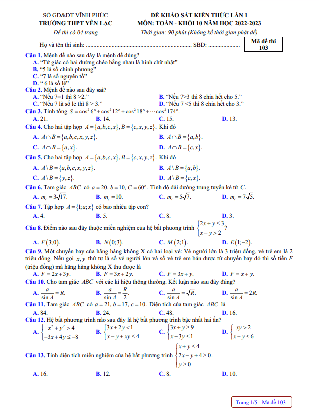 Đề khảo sát Toán 10 lần 1 năm 2022 – 2023 trường THPT Yên Lạc – Vĩnh Phúc